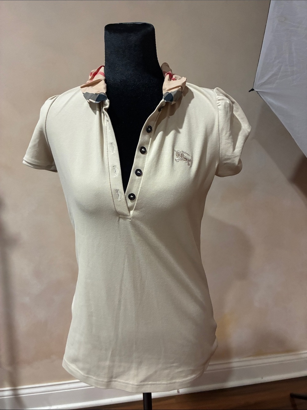Burberry Cream Polo with Patterned Ruffle Collar